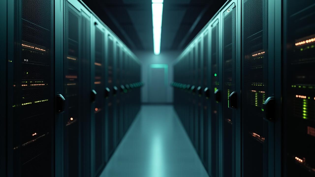 Rows of high-density GPU server racks lit with neon accent lighting